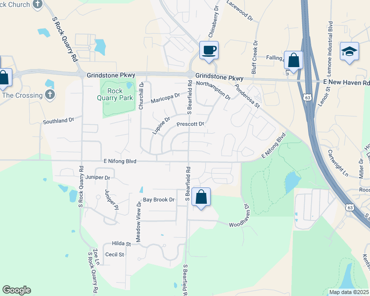 map of restaurants, bars, coffee shops, grocery stores, and more near 2309 Churchill Drive in Columbia