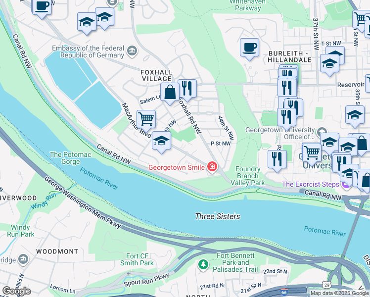 map of restaurants, bars, coffee shops, grocery stores, and more near 4471 MacArthur Boulevard Northwest in Washington