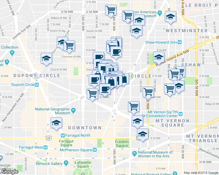 map of restaurants, bars, coffee shops, grocery stores, and more near 1416 Rhode Island Avenue Northwest in Washington