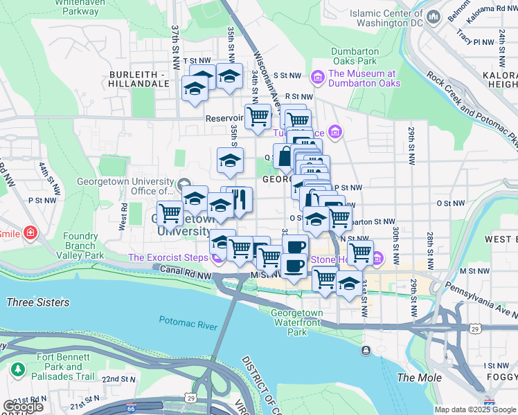 map of restaurants, bars, coffee shops, grocery stores, and more near 1417 34th Street Northwest in Washington