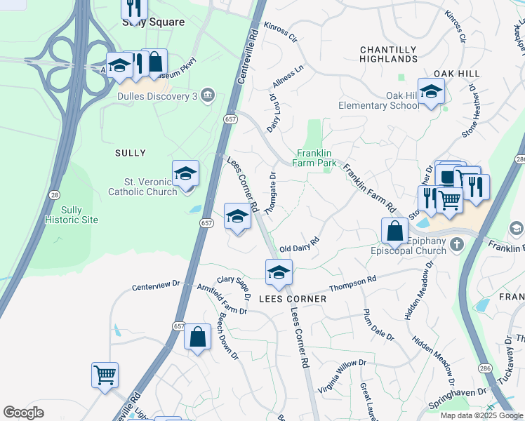 map of restaurants, bars, coffee shops, grocery stores, and more near 3324 Thorngate Drive in Herndon