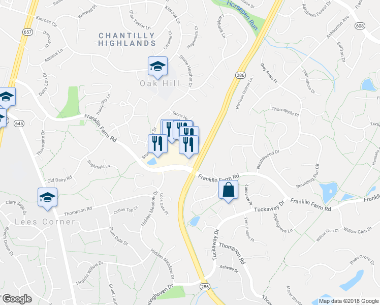 map of restaurants, bars, coffee shops, grocery stores, and more near 13320 Franklin Farm Road in Herndon
