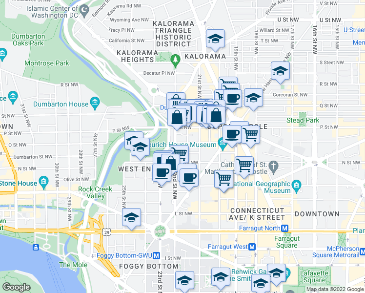 map of restaurants, bars, coffee shops, grocery stores, and more near 2142 O Street Northwest in Washington