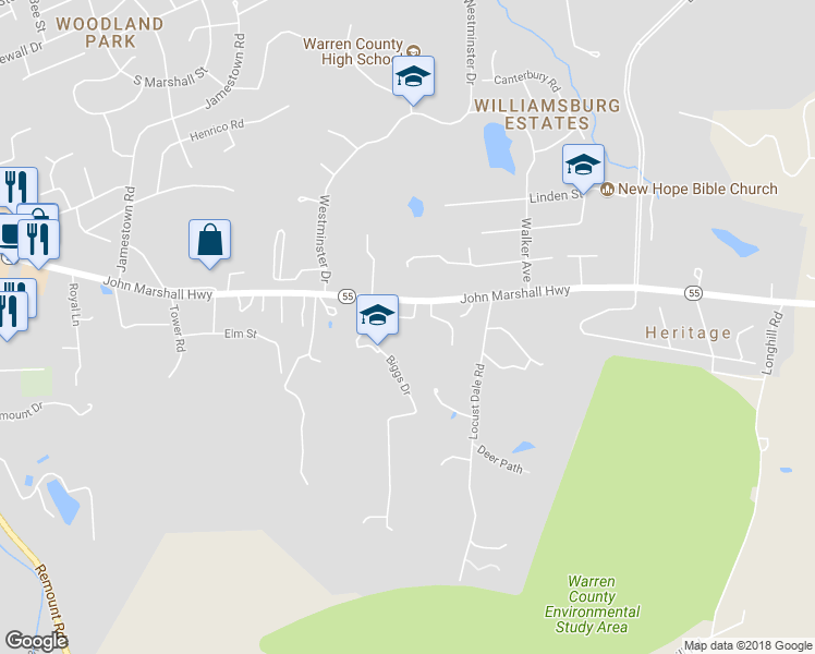 map of restaurants, bars, coffee shops, grocery stores, and more near 1343 Robinhood Lane in Front Royal