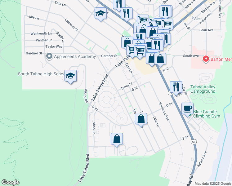 map of restaurants, bars, coffee shops, grocery stores, and more near 1069 Julie Lane in South Lake Tahoe