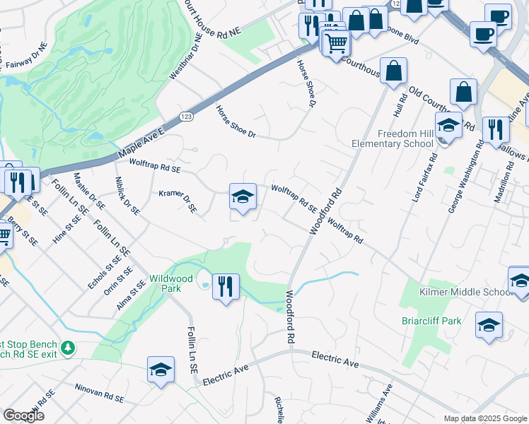 map of restaurants, bars, coffee shops, grocery stores, and more near 8521 Quaint Lane in Vienna