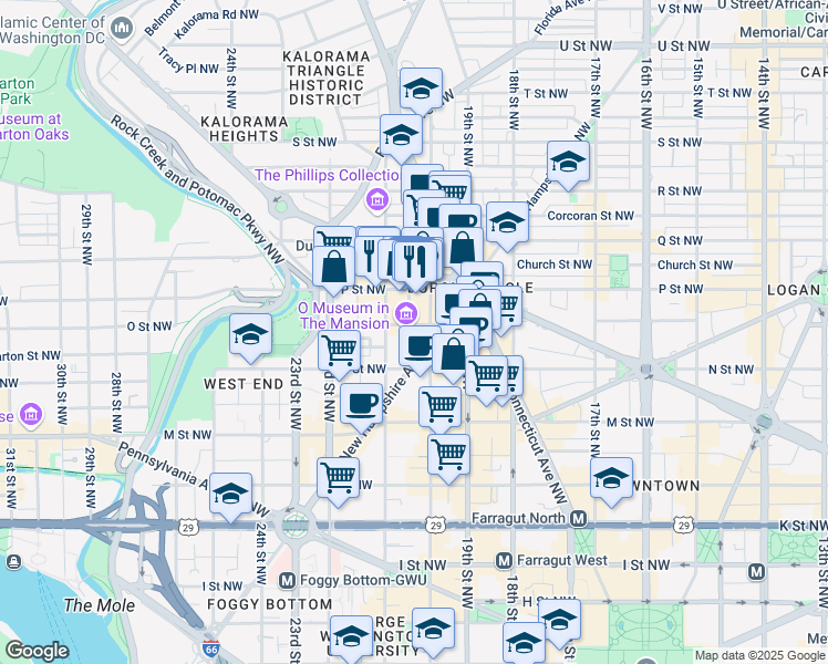 map of restaurants, bars, coffee shops, grocery stores, and more near 2012 O Street Northwest in Washington