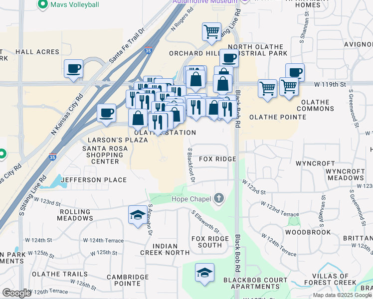 map of restaurants, bars, coffee shops, grocery stores, and more near 12188 South Blackfoot Drive in Olathe