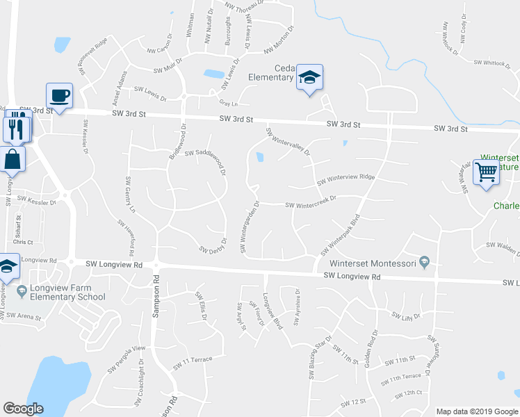 map of restaurants, bars, coffee shops, grocery stores, and more near 601 Southwest Wintergarden Drive in Lee's Summit