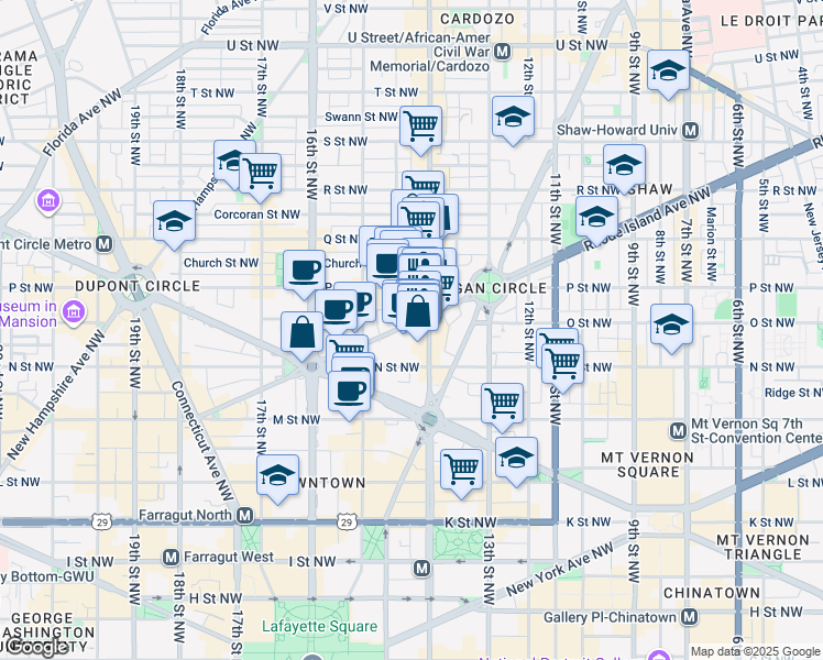map of restaurants, bars, coffee shops, grocery stores, and more near 1416 Rhode Island Avenue Northwest in Washington