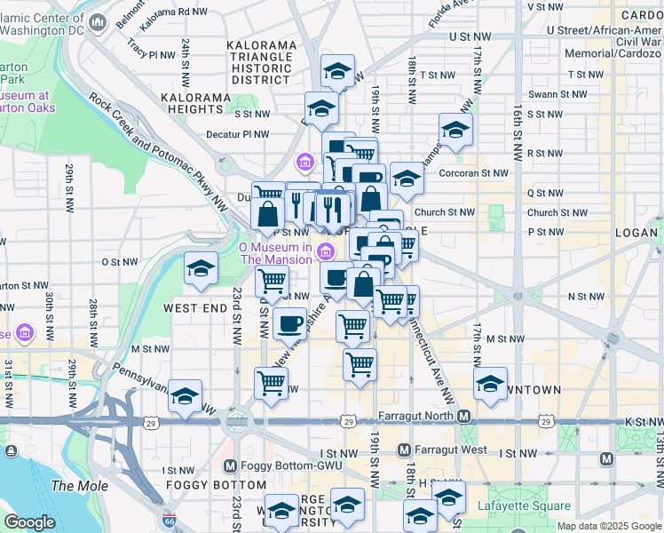 map of restaurants, bars, coffee shops, grocery stores, and more near 2012 O Street Northwest in Washington