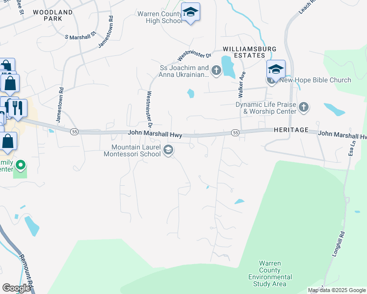 map of restaurants, bars, coffee shops, grocery stores, and more near 1335 Robinhood Lane in Front Royal