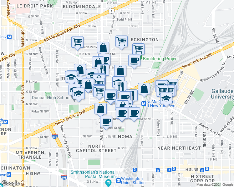 map of restaurants, bars, coffee shops, grocery stores, and more near 68 New York Avenue Northeast in Washington