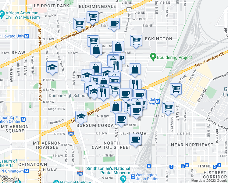 map of restaurants, bars, coffee shops, grocery stores, and more near 1336 North Capitol Street Northwest in Washington