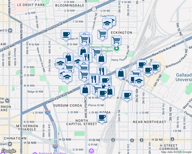 map of restaurants, bars, coffee shops, grocery stores, and more near 49 O St NE in Washington