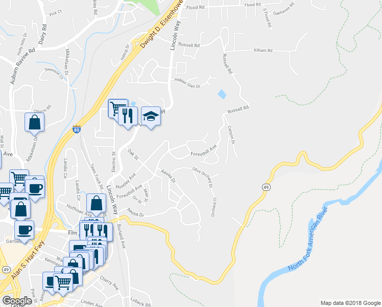 map of restaurants, bars, coffee shops, grocery stores, and more near 482 Foresthill Avenue in Auburn