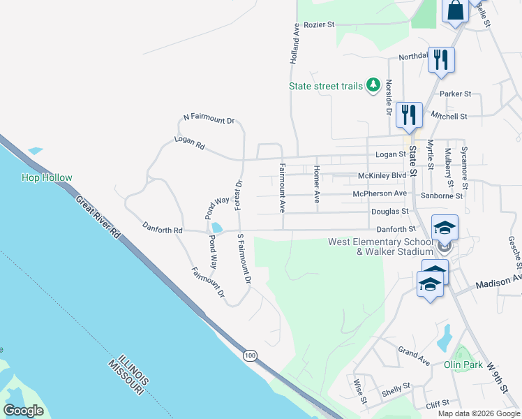 map of restaurants, bars, coffee shops, grocery stores, and more near 1218 Douglas Street in Alton