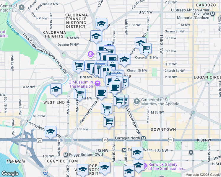 map of restaurants, bars, coffee shops, grocery stores, and more near 1333 New Hampshire Avenue Northwest in Washington