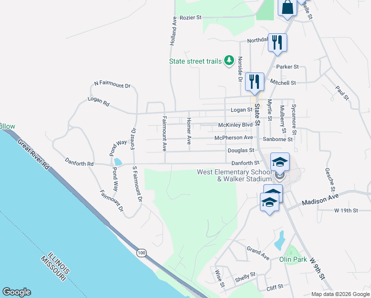 map of restaurants, bars, coffee shops, grocery stores, and more near 1102 Douglas Street in Alton