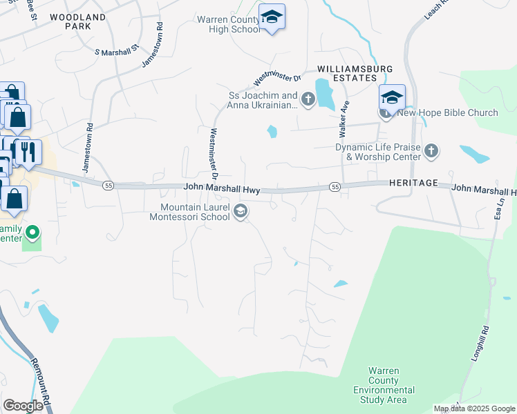 map of restaurants, bars, coffee shops, grocery stores, and more near 1329 Robinhood Ln in Front Royal