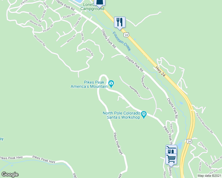 map of restaurants, bars, coffee shops, grocery stores, and more near 5069 Pikes Peak Highway in Cascade-Chipita Park