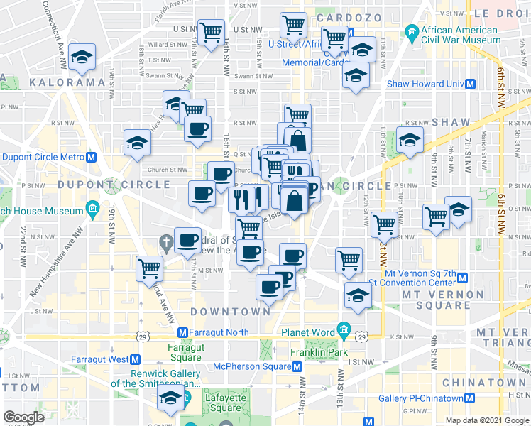 map of restaurants, bars, coffee shops, grocery stores, and more near 1463 Rhode Island Avenue Northwest in Washington