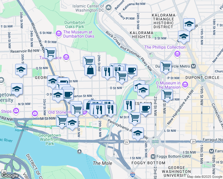 map of restaurants, bars, coffee shops, grocery stores, and more near 2716 O Street Northwest in Washington