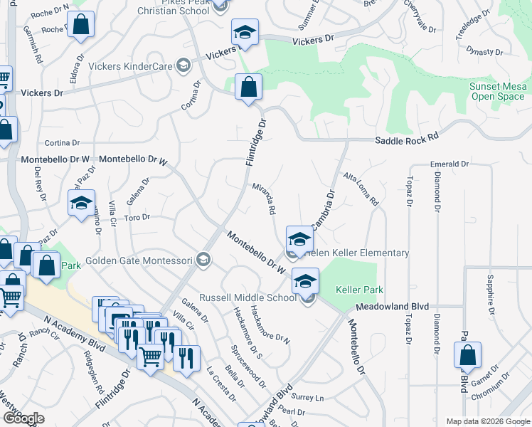 map of restaurants, bars, coffee shops, grocery stores, and more near 5306 Miranda Road in Colorado Springs