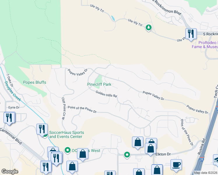 map of restaurants, bars, coffee shops, grocery stores, and more near 5321 Setters Way in Colorado Springs