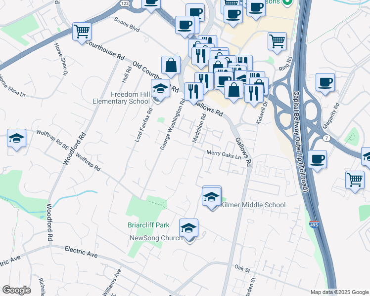 map of restaurants, bars, coffee shops, grocery stores, and more near 8183 Madrillon Oaks Court in Vienna