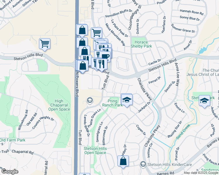 map of restaurants, bars, coffee shops, grocery stores, and more near in Colorado Springs