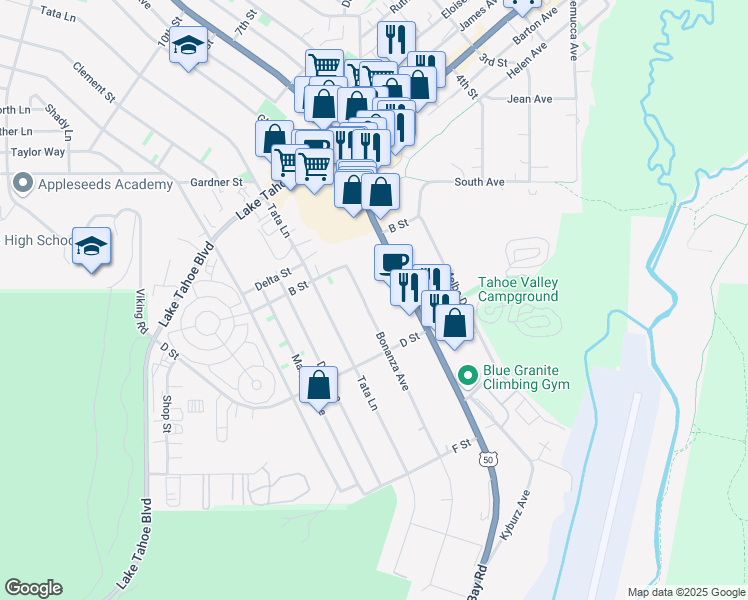 map of restaurants, bars, coffee shops, grocery stores, and more near 1144 Emerald Bay Road in South Lake Tahoe