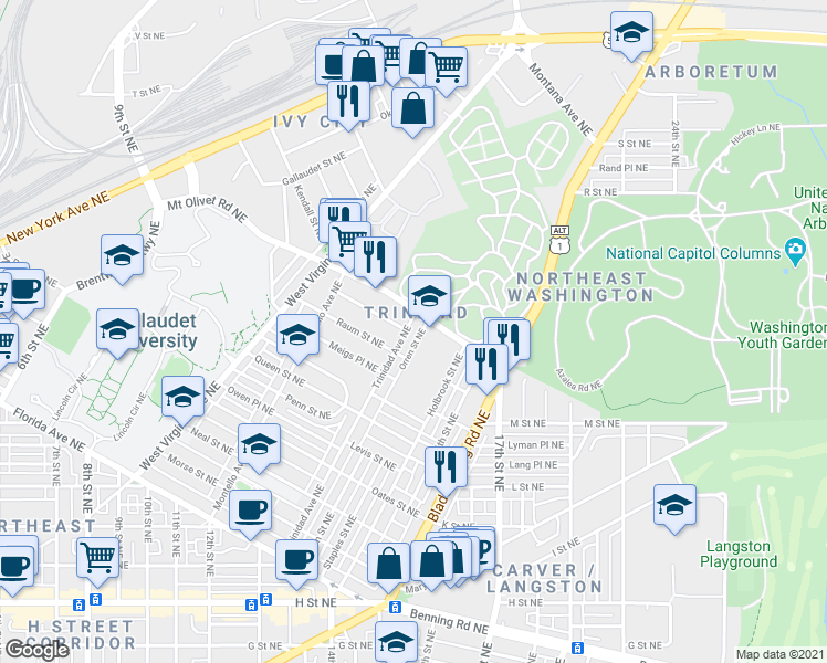 map of restaurants, bars, coffee shops, grocery stores, and more near 101 Independence Avenue Southeast in Washington