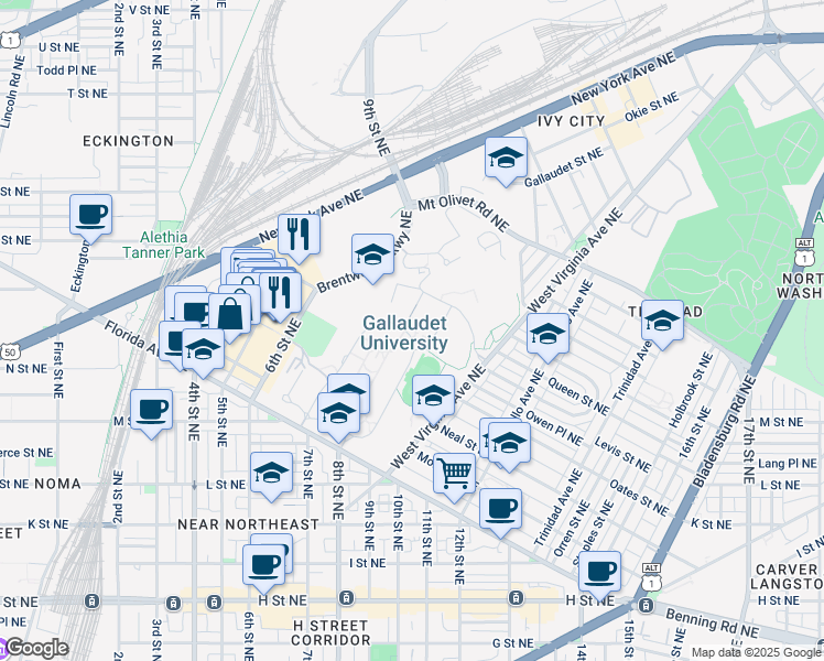 map of restaurants, bars, coffee shops, grocery stores, and more near 101 Independence Avenue Southeast in Washington