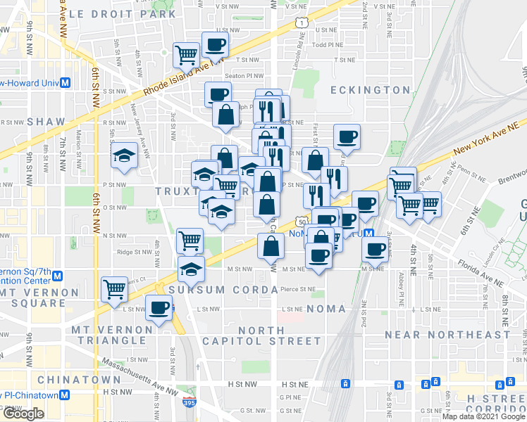 map of restaurants, bars, coffee shops, grocery stores, and more near 101 Independence Avenue Southeast in Washington