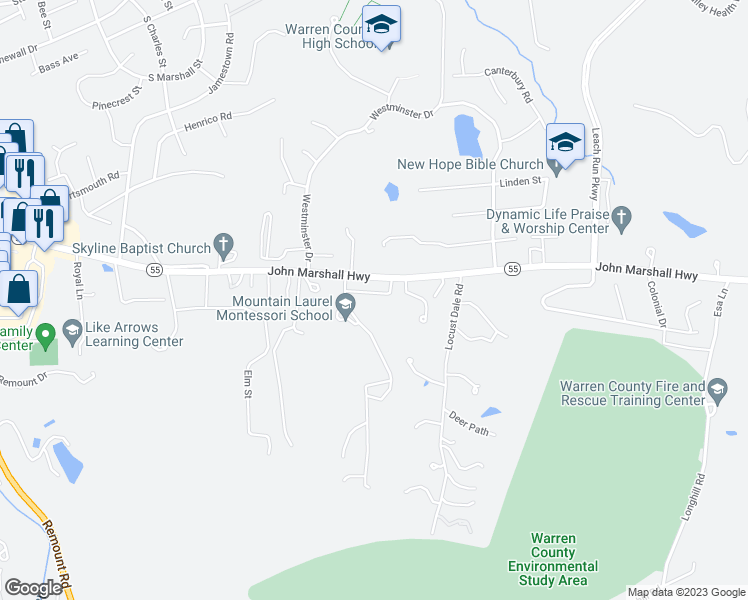 map of restaurants, bars, coffee shops, grocery stores, and more near 1329 Robinhood Ln in Front Royal