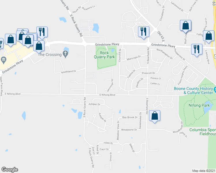 map of restaurants, bars, coffee shops, grocery stores, and more near 3713 Hermitage Road in Columbia