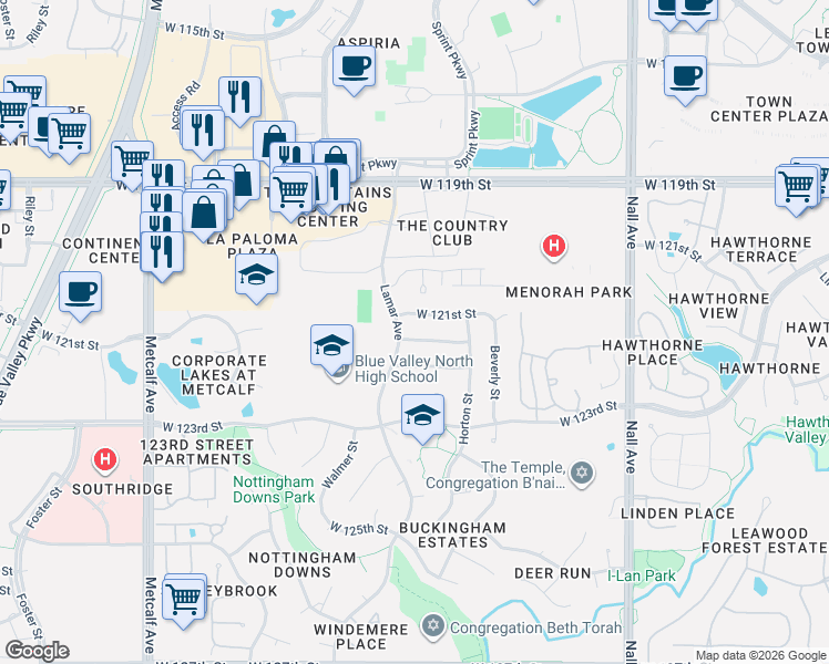map of restaurants, bars, coffee shops, grocery stores, and more near 6232 West 121st Terrace in Leawood