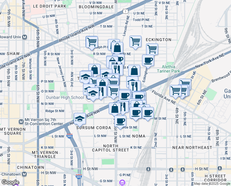 map of restaurants, bars, coffee shops, grocery stores, and more near 1336 North Capitol Street Northwest in Washington