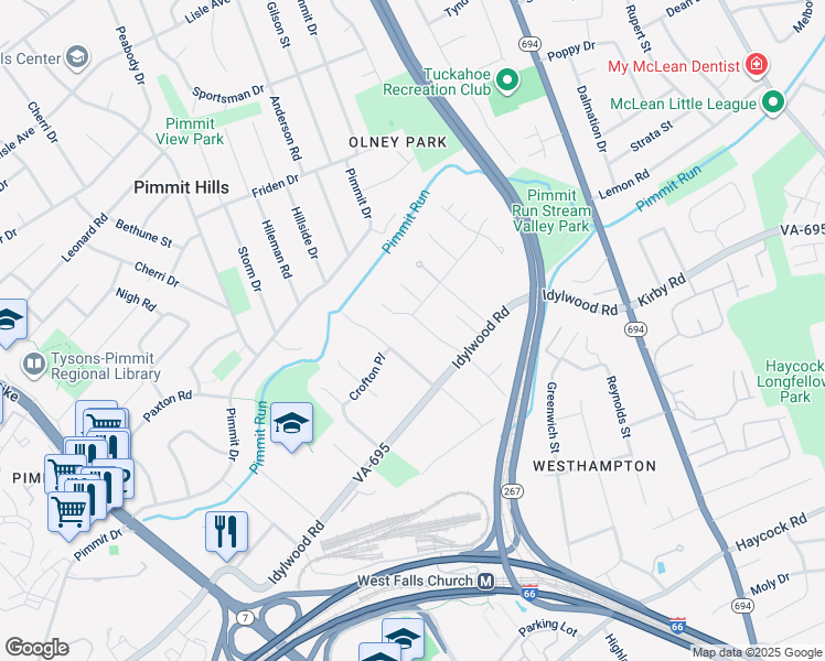 map of restaurants, bars, coffee shops, grocery stores, and more near 2040 Stephanie Marie Drive in Falls Church