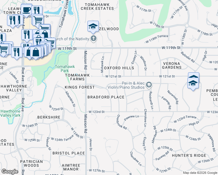 map of restaurants, bars, coffee shops, grocery stores, and more near 12101 Pawnee Lane in Leawood