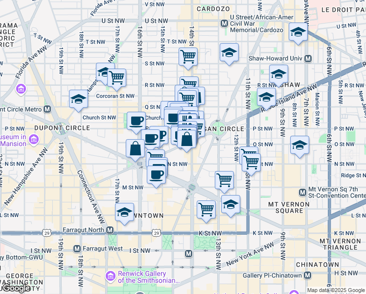 map of restaurants, bars, coffee shops, grocery stores, and more near 1426 Rhode Island Avenue Northwest in Washington