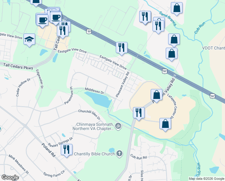map of restaurants, bars, coffee shops, grocery stores, and more near 43885 Paramount Place in Chantilly