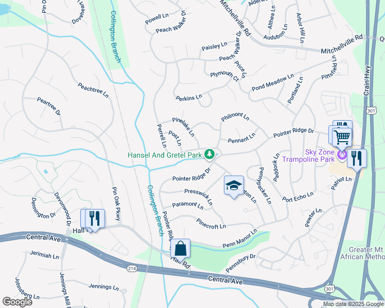 map of restaurants, bars, coffee shops, grocery stores, and more near 1418 Perrell Lane in Bowie