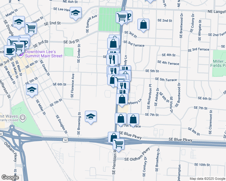 map of restaurants, bars, coffee shops, grocery stores, and more near 536 Route 291 in Lee's Summit