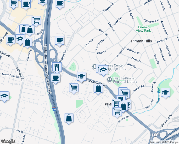 map of restaurants, bars, coffee shops, grocery stores, and more near 2107 Tysons Ridgeline Road in Pimmit Hills