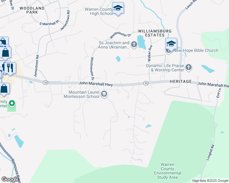 map of restaurants, bars, coffee shops, grocery stores, and more near 1335 Robinhood Lane in Front Royal