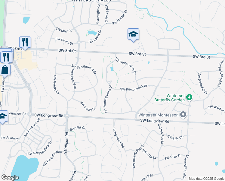 map of restaurants, bars, coffee shops, grocery stores, and more near 601 Southwest Wintergarden Drive in Lee's Summit