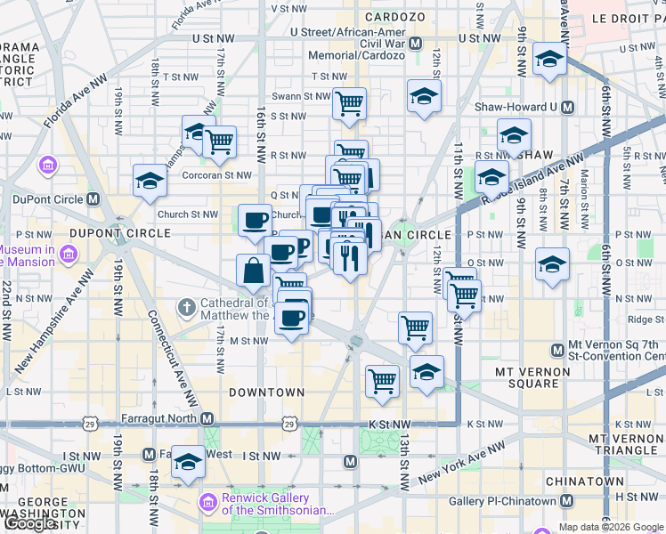 map of restaurants, bars, coffee shops, grocery stores, and more near 1428 Rhode Island Avenue Northwest in Washington