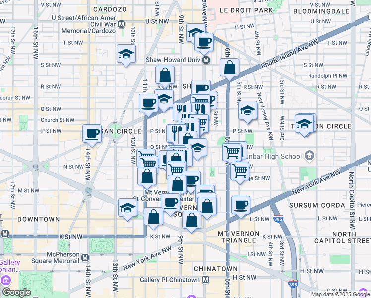 map of restaurants, bars, coffee shops, grocery stores, and more near 810 O Street Northwest in Washington